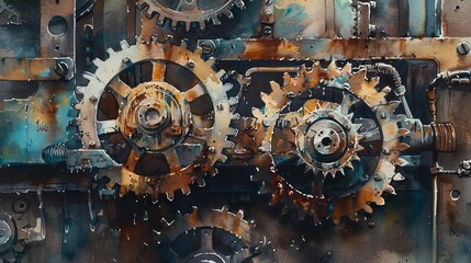 Dynamic watercolor illustration of a partially disassembled machine, focusing on the rusted gears and cogs, evoking a sense of decay and time