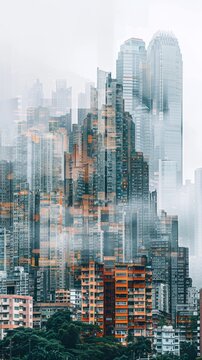 Remix the images to collage of serveral city high rise building and small house, espen dietrichson style, keep the outlines of the building, cine film filter, noise effect
