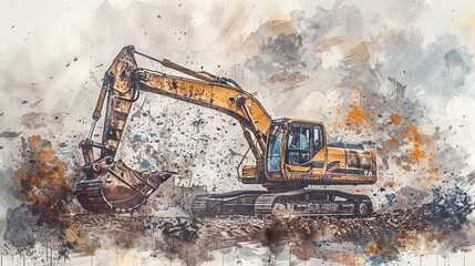 Artistic watercolor showing an excavator loader amidst a flurry of activity, detailed strokes highlighting the machine's powerful arm and bucket