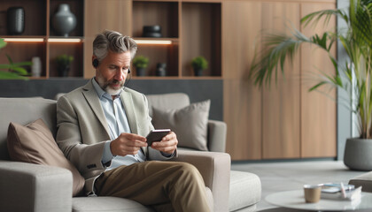 Obraz premium featuring a businessman using a smartphone in a casual lounge area of a modern office, engaging in a serious business call, office, business, with copy space