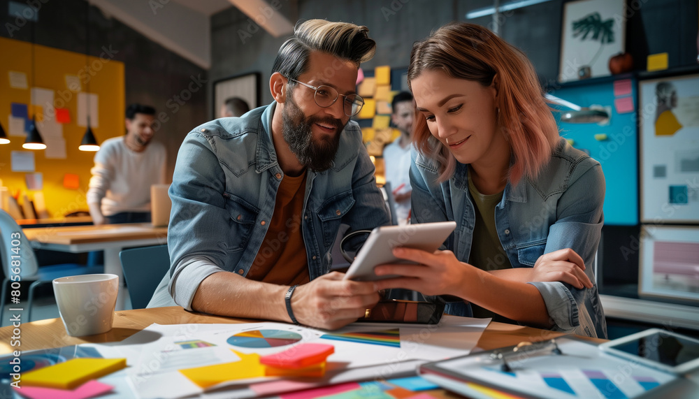 Poster featuring two marketing experts in a casual workspace setting, collaborating on a tablet to finalize