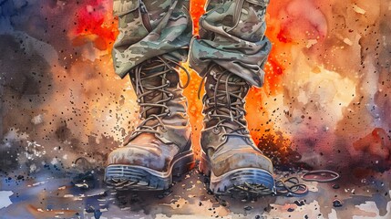 Detailed watercolor focusing on the rough texture of military boots, the fiery background suggesting a recent battle or skirmish