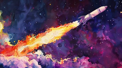 Dynamic watercolor depicting a rocket mid-launch, fiery exhaust contrasting with the deep purple night, representing business acceleration