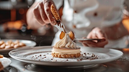A warm bakery scene with a chef presenting a beautifully plated dessert, highlighting the culinary...
