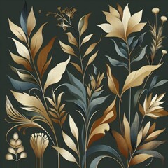 Wallpaper of floral shapes, plants, in an art new style, colors of rich gold, dark green, soft blue