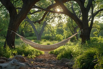 Hammock strung between two sturdy oaks, lazy summer afternoon, peaceful