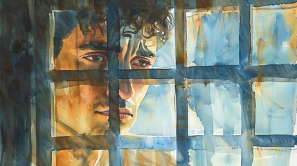 Poignant watercolor of a man's reflection in a small, barred window, his expression contemplative as he looks at the sky outside