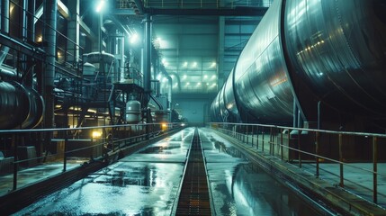 Detailed perspective of a large, imposing oil tank in a factory, highlighting the sheer scale and industrial tech, shot in natural factory light