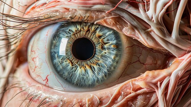 Full-circle panoramic close-up of the eye, displaying intricate muscle details, suitable for professional medical training