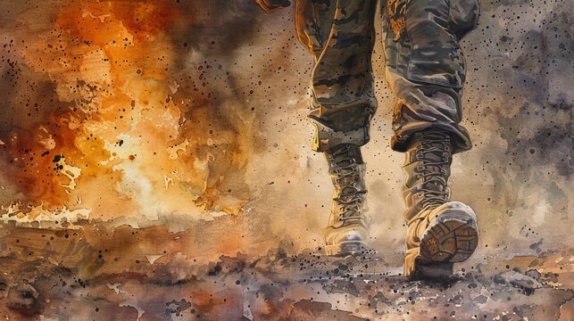 Powerful watercolor of boots on a dusty path, an explosive fire illuminating the scene, highlighting the soldier's perilous environment