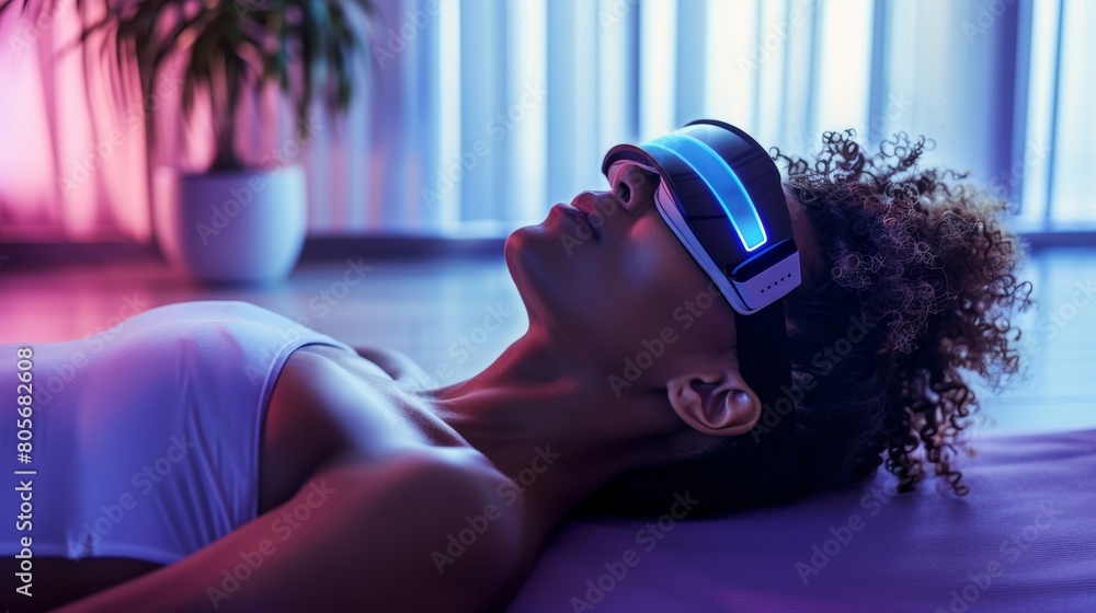 Poster a person lying down on a yoga mat eyes closed visualizing themselves in a virtual sauna to enhance t