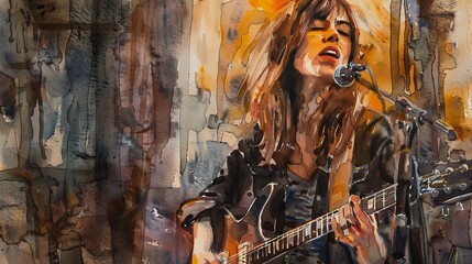 Intimate watercolor of a female indie artist singing in a small venue, the intimate scale highlighted by warm, inviting colors