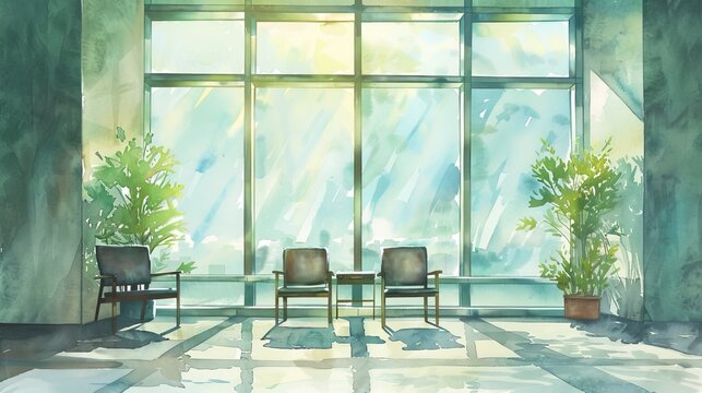 Gentle watercolor showing a pharmacology study area with empty chairs facing a large window, outside views blending with the calm interior