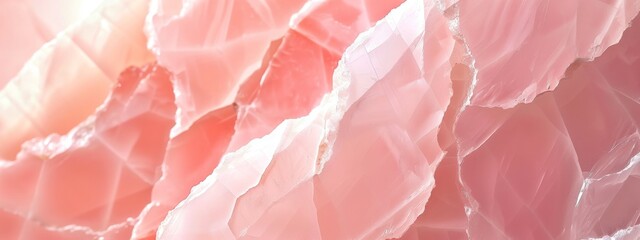 A closeup of rose quartz, a soft pink stone with subtle veins and highlights in peachy tones, against a light background.