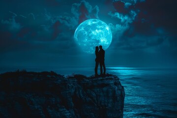 A couple silhouetted against a vivid blue moon, standing on a cliff overlooking the ocean - Powered by Adobe
