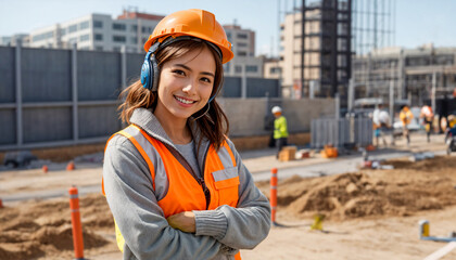 A woman in her 20s is smiling at a construction site, wearing a safety vest, helmet, and protective headphones. She has her arms crossed, showcasing confidence and positivity in a work environment.
