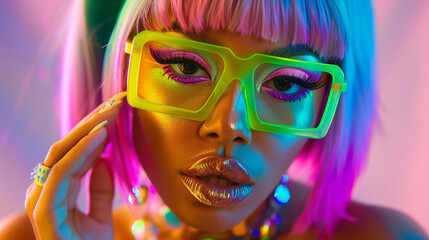 A close-up photo showcases an African American woman with neon pink and blue hair, donning an oversized green shirt and yellow frame glasses. She holds her face in front of the camera