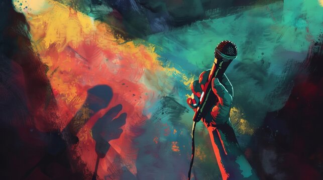 Watercolor illustration showing a hand holding a microphone, casting a shadow on a spotlighted stage, capturing the moment before a speech