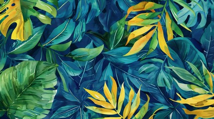 Watercolor design of overlapping tropical leaves in shades of deep blue, bright green, and sunny yellow, ideal for a lively rug
