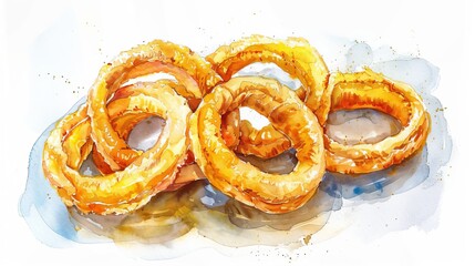 Watercolor illustration focusing on the delicate, crispy layers of onion rings, arranged casually on a rectangular metallic surface