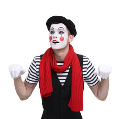 Funny mime artist in beret posing on white background