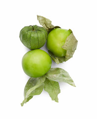 Fresh green tomatillos with husk isolated on white, top view