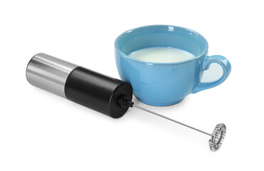 Milk frother wand and cup isolated on white