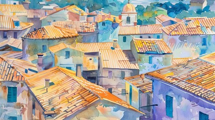 Obraz premium Watercolor panorama of an old cityscape, the varied tile roofs forming a colorful tapestry against the azure backdrop