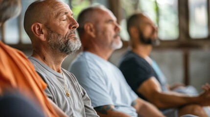 A group of men attend a workshop on mindfulness and selfcare learning new techniques to incorporate into their holistic approach to health and wellbeing.
