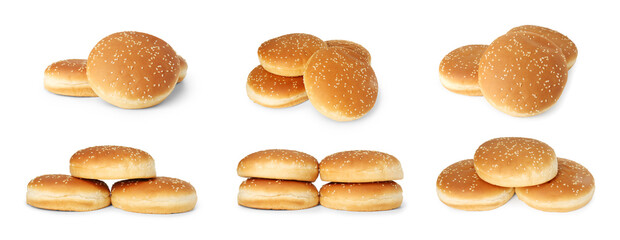 Fresh burger buns isolated on white, collage