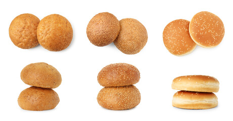 Different burger buns isolated on white, top and side views
