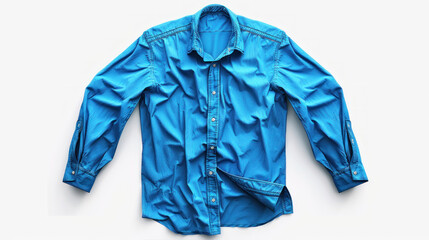 Blue colored clothing items like a shirt, jeans and winter wear displayed on a white background