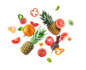 Different fresh fruits and vegetables in air on white background