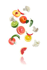 Different fresh fruits and vegetables in air on white background