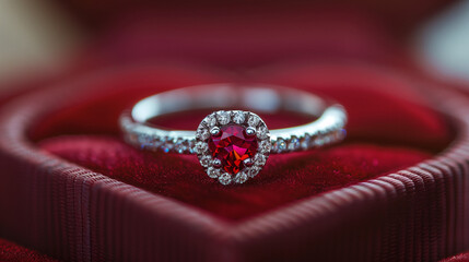 A heart-shaped ring box contains an engagement ring, crafted in imitated material, radiating a deep shade of red. The box exudes elegance and romance, symbolizing love and commitment 