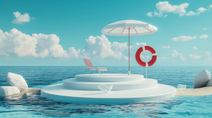 podium Summer 3d polygon , sand beach, umbrella, beach chair, ball, flowers,  metamorphosing elements