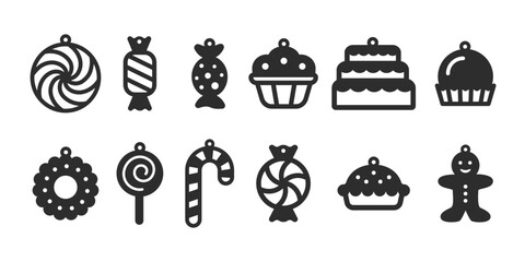Set of 12 vector designs with sweet candies for earrings, pendant or keychain. Funny dessert jewelry silhouette laser cut templates. Cnc cutting with metal, wood or leather. Vector stencils