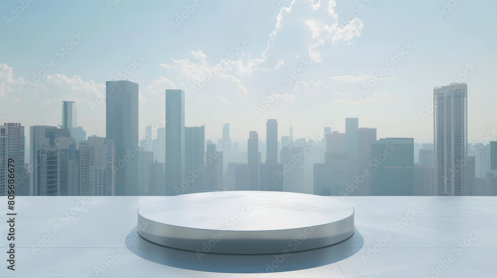 Poster a large empty round stage with a city in the background