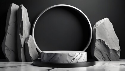 illustration for 3d background stone podium display with water dark gray and silver pedestal with round rim frame created with generative ai.
