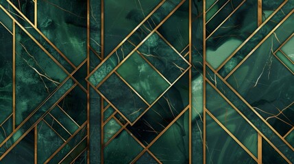 A geometric pattern of green and gold lines, with an Art Deco style background. The design incorporates dark emerald and metallic accents, using the technique of digital illustration.