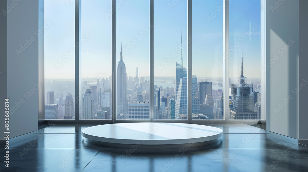 Poster a large city view is shown through a window in a building