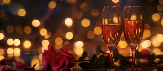Two glasses of red wine with beautiful blooming roses. Valentine's day concept