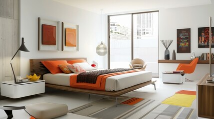 Luxury bedroom interior design with bed, pillows and blanket