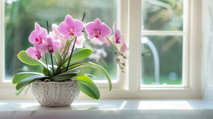 A gorgeous exotic orchid plant sitting on a window ledge its vibrant purple blooms contrasting against the white window frame and making a statement in a bathroom.