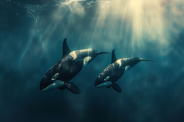 Two orcas swimming together under ocean rays, symbolizing companionship and freedom in the aquatic world.
