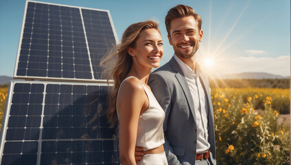 The concept of green energy. Happy family walking and having fun in solar panel field. Green energy