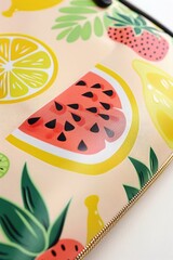 Small toiletry bag with fruit print. Patterned makeup pouch. Cosmetics case is closed on zipper for skincare, bodycare products. Beauty routine. Flat isolated vector illustration on white background