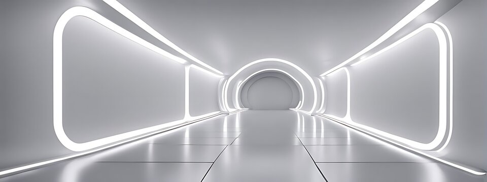  White background 3D room light abstract space technology tunnel stage floor. Empty white future 3D neon background studio futuristic corridor render modern interior silver road black wall design gray