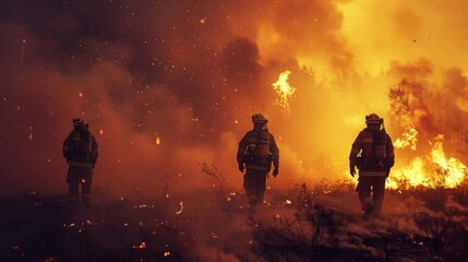 Silhouettes of firefighters against a raging wildfire at night