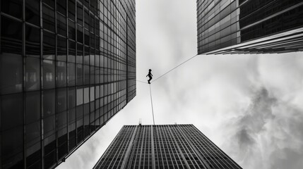 A lone figure walking on a tightrope stretched between two skyscrapers, symbolizing the precarious balance of modern life